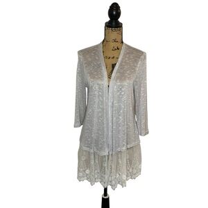 Absolutely Famous Gray and White Heather Ivory Lace Knit Open Front Cardigan